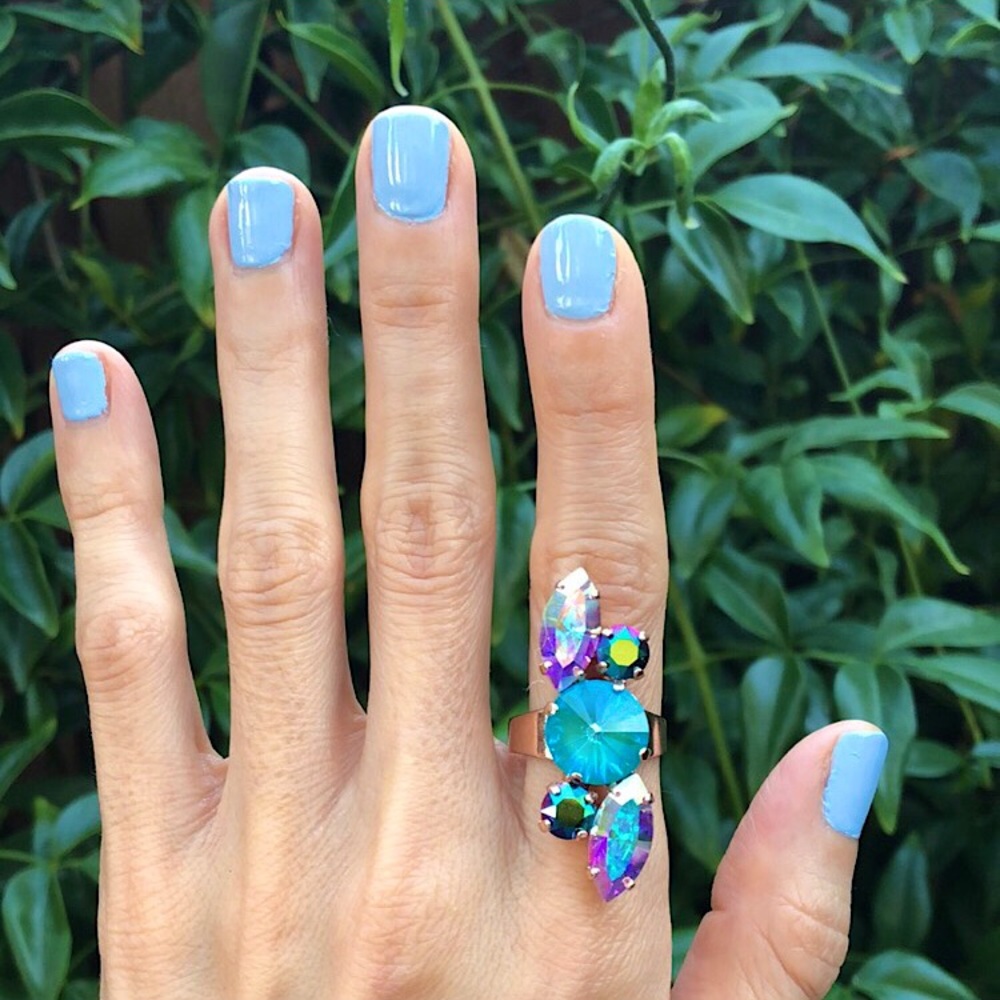 Aquamarine + Aurora Borealis Boho/Tribal Crystal Statement Ring